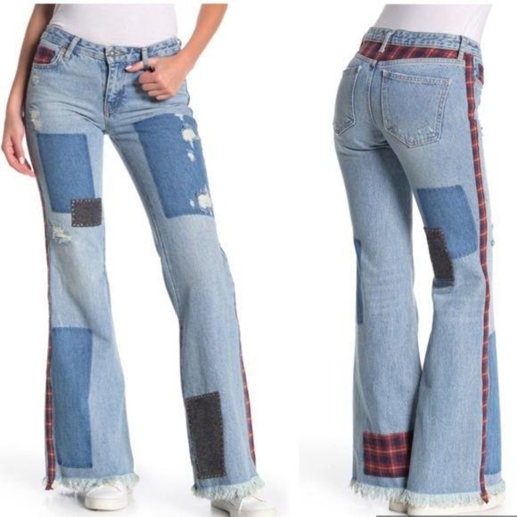 Free People Denim - We the Free Boho Mix Plaid Slim Flare Jeans